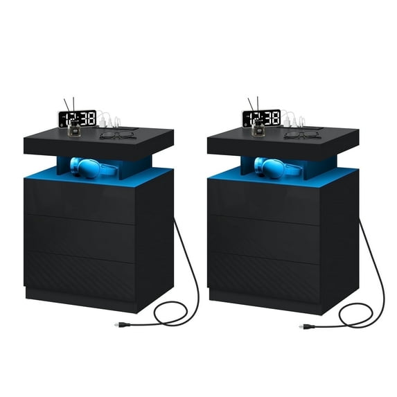 Hommpa Nightstand Set of 2 Wireless Charging Station USB Port Type C Outlets Modern Bedside Table 3 Drawer Smart LED Nightstand Tall Night Table Black High Gloss End Side Table for LivingRoom Bedroom