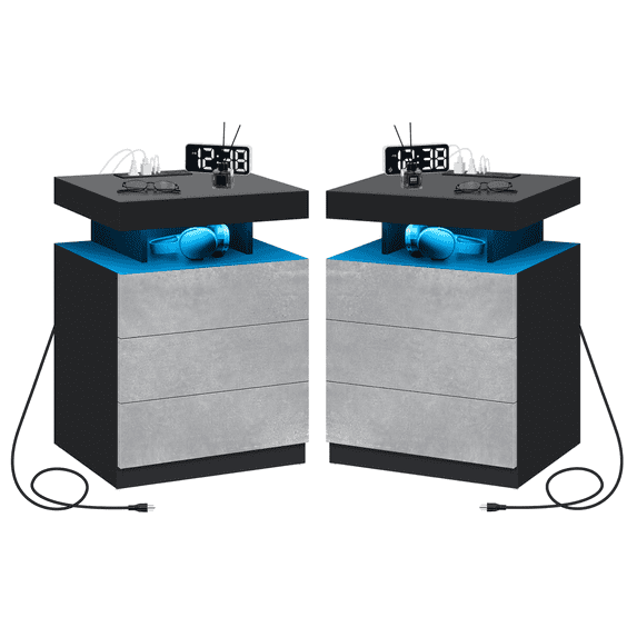 Hommpa Nightstand Set of 2 Wireless Charging Station USB Port Type C Outlets Modern Bedside Table 3 Drawer Smart LED Nightstand Tall Night Table Gray High Gloss End Side Table for LivingRoom Bedroom