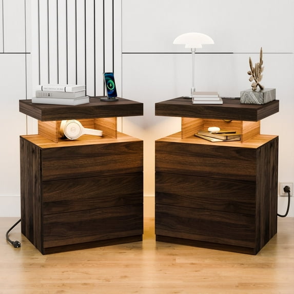 Hommpa Nightstand Set of 2 Wireless Charging Station USB Port Type C Outlets Modern Bedside Table 3 Drawer Smart LED Nightstand Tall Night Table Walnut End Side Table for LivingRoom Bedroom