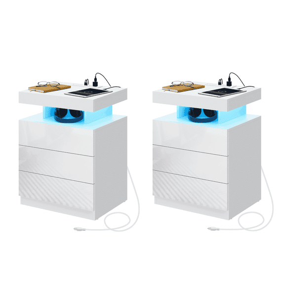 Hommpa Nightstand Set of 2 Wireless Charging Station USB Port Type C Outlets Modern Bedside Table 3 Drawer Smart LED Nightstand Tall Night Table White High Gloss End Side Table for LivingRoom Bedroom