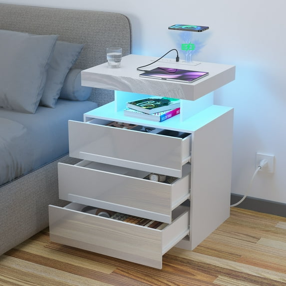 Hommpa Nightstand with Wireless Charging USB Port Type C Outlets Modern 3 Drawer Bedside Table Storage Smart LED Nightstand Tall Night Table White High Gloss End Side Table for Living Room Bedroom