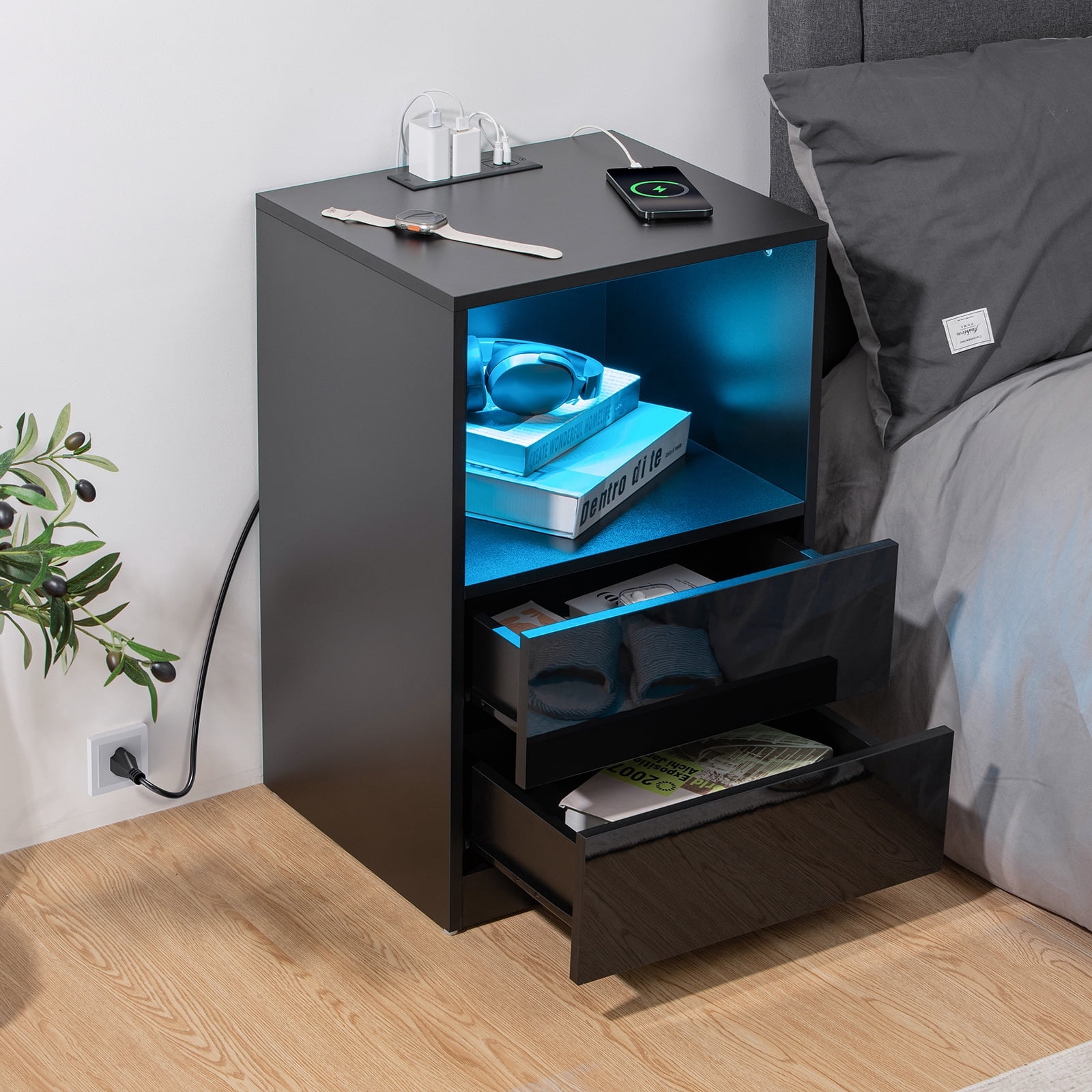 Hommpa Nightstands with 2 Drawer Nightstands with Charging Station Modern Open Shelf Nightstands LED End Table Nightstands Charging High Gloss Black Side Table For Bedroom Furniture 26.77 in Tall