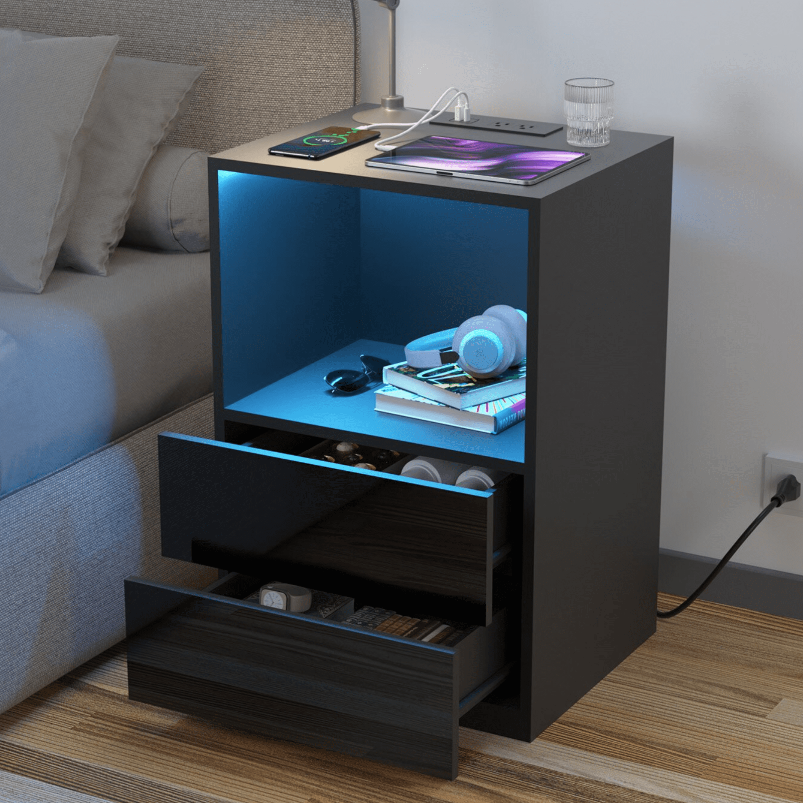 Hommpa Open Shelf LED Nightstand with Charging Station 2 Drawers