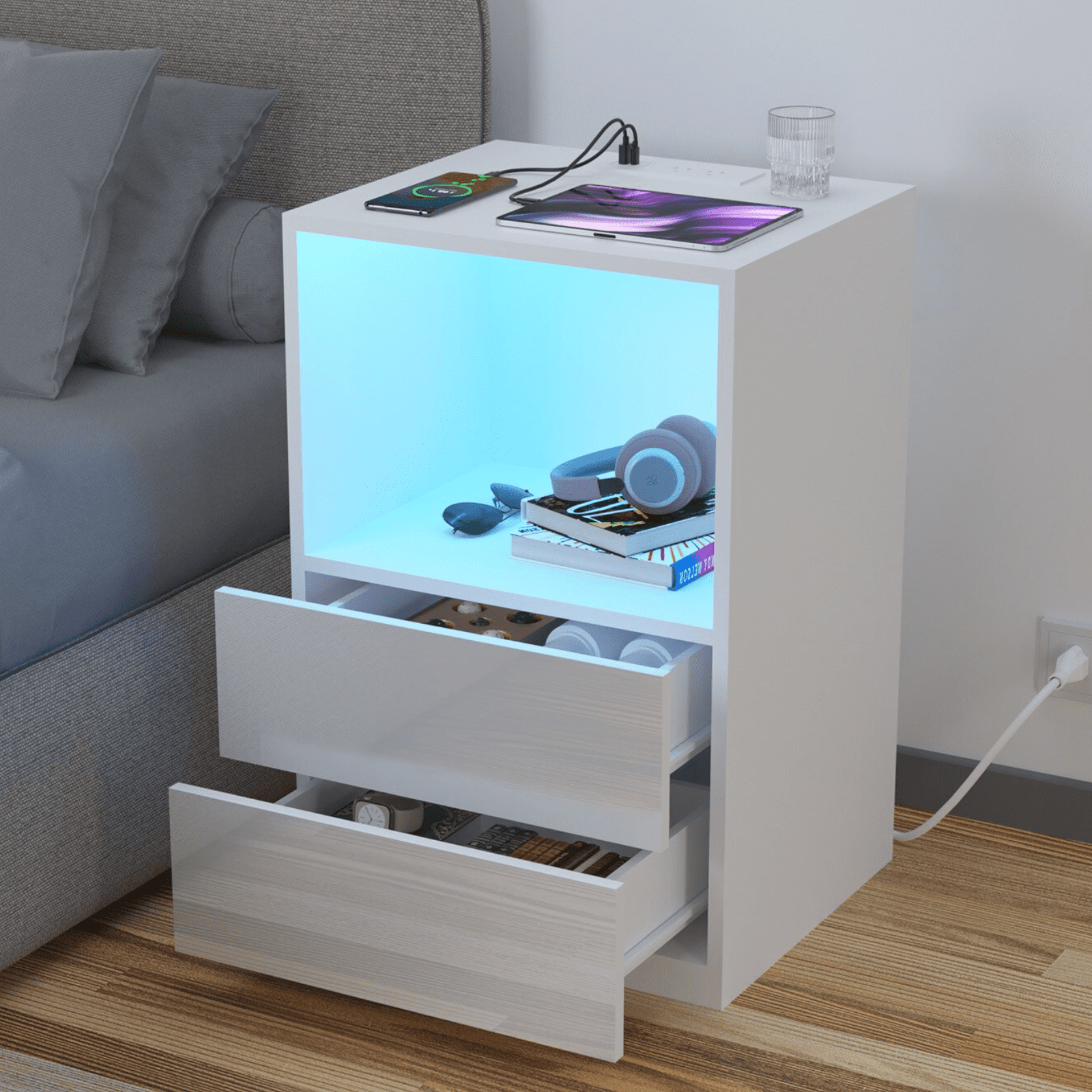 Hommpa Open Shelf LED Nightstand with Charging Station 2 Drawers