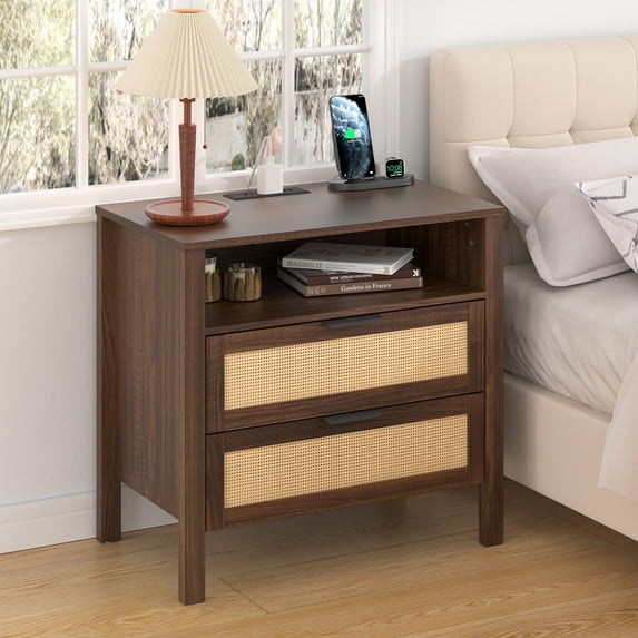 Hommpa Rattan Nightstand with Charging Station, Boho Bedside Table Large Night Table with 2 Drawers and Storage Shelf, Farmhouse End Side Table for Bedroom, Living Room 25.2" Tall, Brown