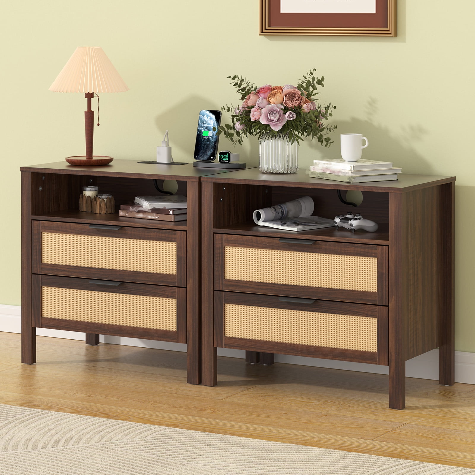 Hommpa Set of 2 Rattan Nightstand with Charging Station, Boho Bedside Table Large Night Table with 2 Drawers and Storage Shelf, Farmhouse End Side Table for Bedroom, Living Room 25.2" Tall, Brown