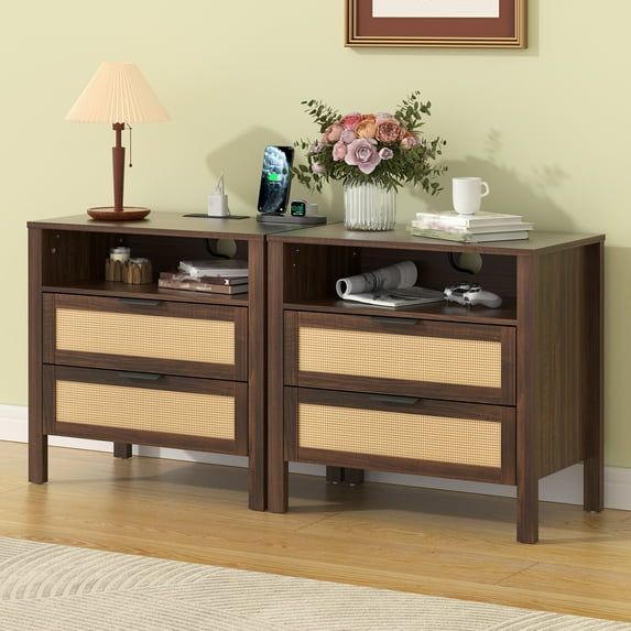Hommpa Set of 2 Rattan Nightstand with Charging Station, Boho Bedside Table Large Night Table with 2 Drawers and Storage Shelf, Farmhouse End Side Table for Bedroom, Living Room 25.2" Tall, Brown