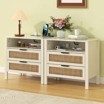 Hommpa Set of 2 Rattan Nightstand with Charging Station, Boho Bedside Table Large Night Table with 2 Drawers and Storage Shelf, Farmhouse End Side Table for Bedroom, Living Room 25.2" Tall, White