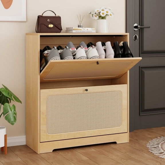 Hommpa Rattan Shoe Cabinet with 2 Flip Drawers & Adjustable Shelves 5 Tier Freestanding Tipping Bucket Shoes Storage Closet for 16 Pairs Narrow Console Table Modern Boho Entryway Shoe Rack Organizer