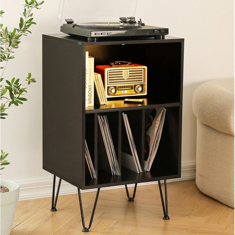TC-HOMENY Record Player Stand, Vinyl Record Storage Cabinet with Metal  Hairpin Legs, Vinyl Record Holder with 4 Quick-Release dividers, Record  Storage