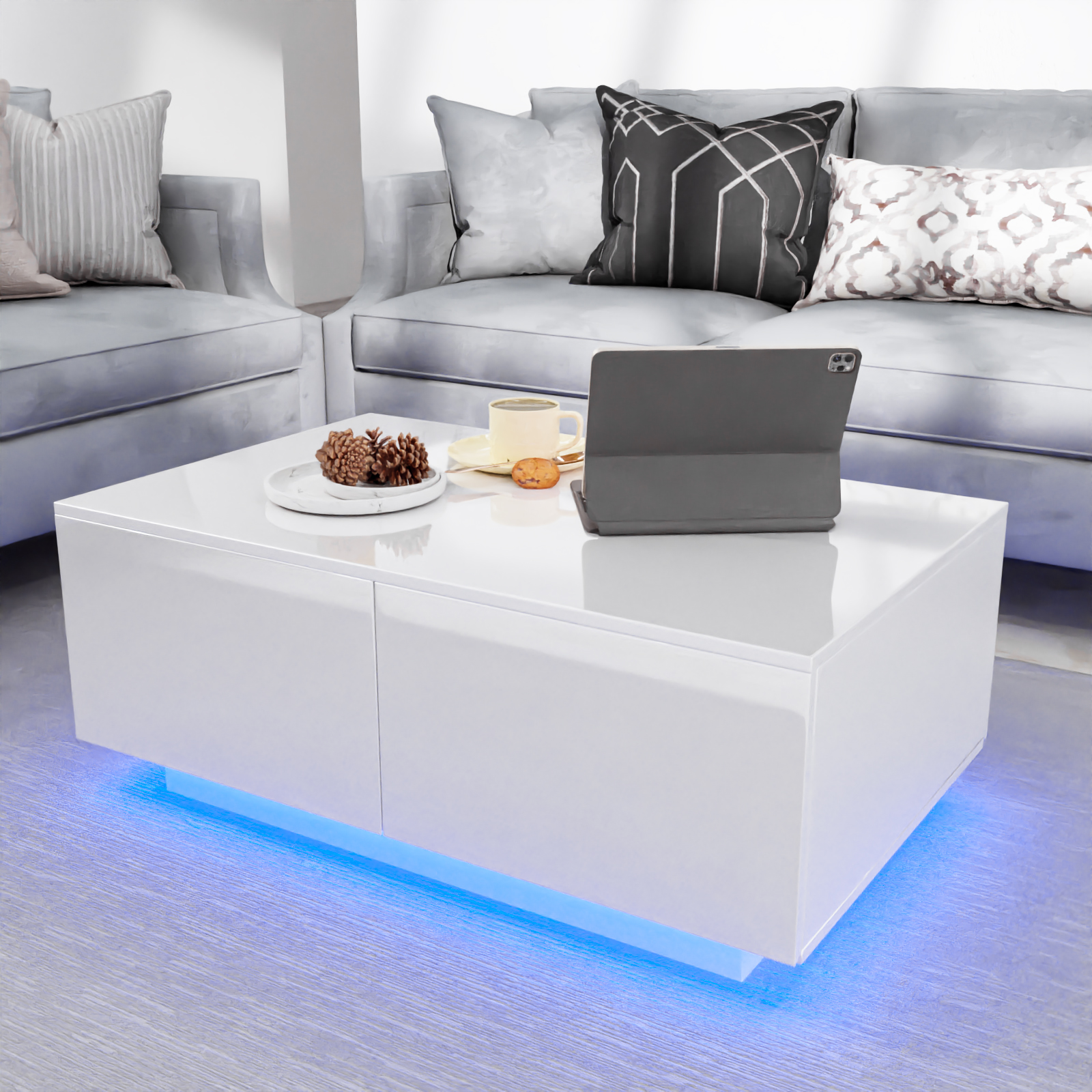 Hommpa Rectangular LED Coffee Table with 4 Drawers High Gloss White Finish Modern Living Room Furniture Sofa Side Cocktail Table 37.4 x 23.6 x 15.4 inches - image 1 of 11