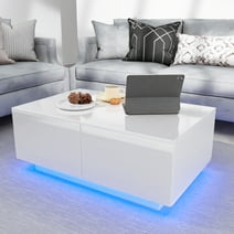 Hommpa Rectangular LED Coffee Table with 4 Drawers High Gloss White Finish Modern Living Room Furniture Sofa Side Cocktail Table 37.4 x 23.6 x 15.4 inches