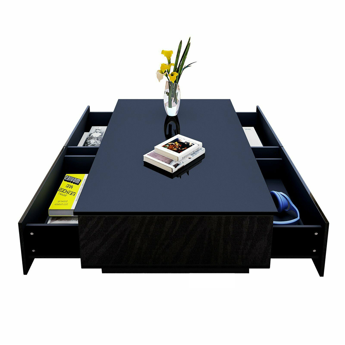 Hommpa Rectangular LED Coffee Table with 4 Drawers High Gloss Black Finish Modern Living Room Furniture Sofa Side Cocktail Table 37.4 x 23.6 x 15.4 inches - image 1 of 11
