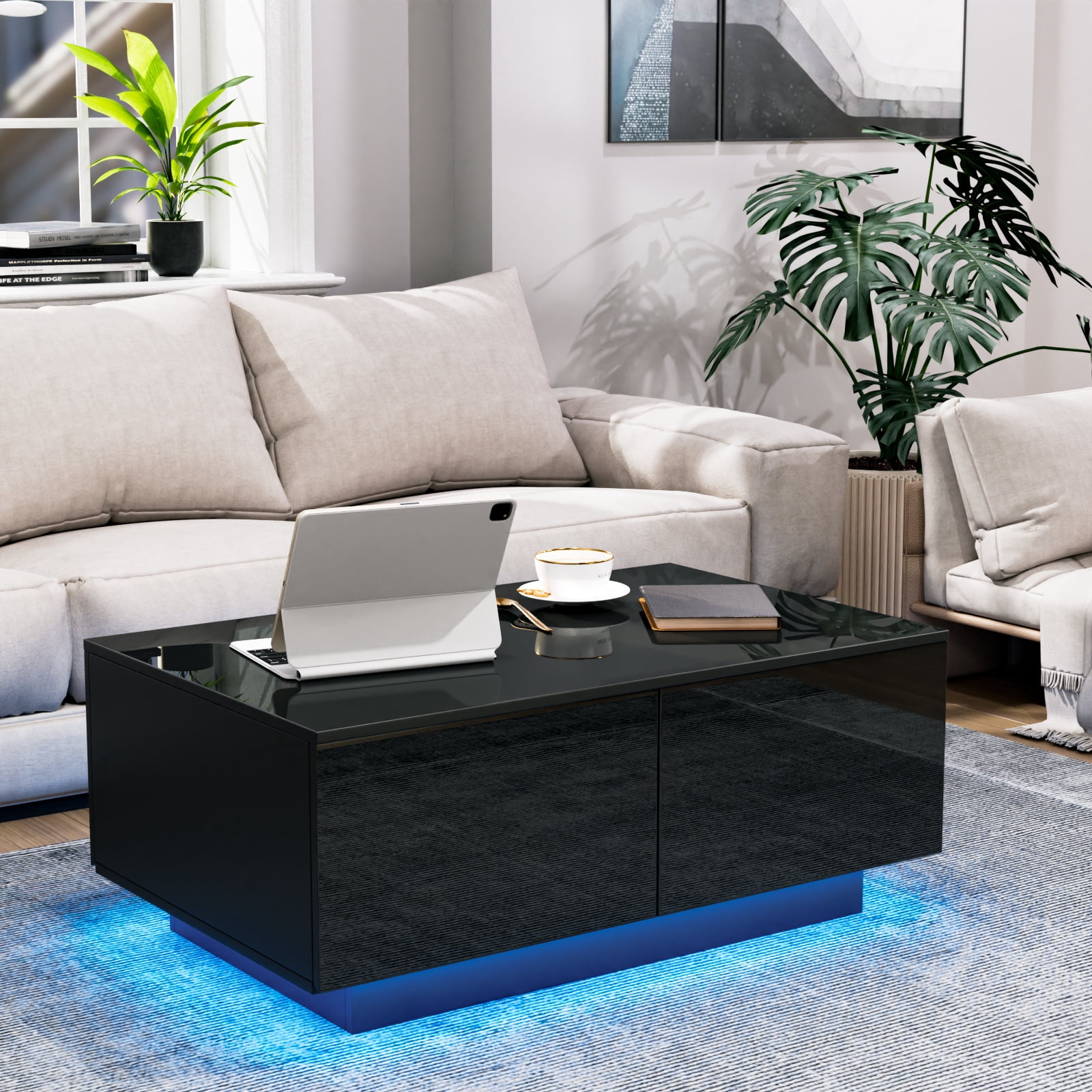 Hommpa Rectangular LED Coffee Table with 4 Drawers High Gloss Black Finish Modern Living Room Sofa Side Cocktail End Table 37.4 x 23.6 x 15.4 inches