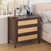 Hommpa 3 Drawers Rattan Nightstand, Boho Bedside Table Large Night Table with Charging Station, Farmhouse End Side Table for Bedroom, Living Room 25.2" Tall, Br