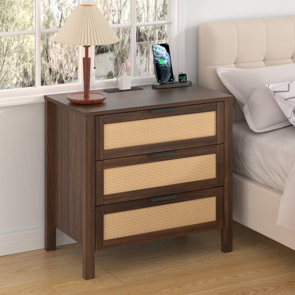 Hommpa 3 Drawers Rattan Nightstand, Boho Bedside Table Large Night Table with Charging Station, Farmhouse End Side Table for Bedroom, Living Room 25.2" Tall, Brown
