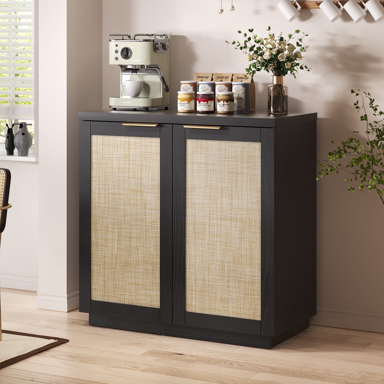 Hommpa Sideboard Buffet Cabinet Rattan Kitchen Storage Organizer Boho Farmhouse Accent Cabinets TV Console for Living Dining Room Coffee Bar for Party Holiday Festival Christmas Gift, Black