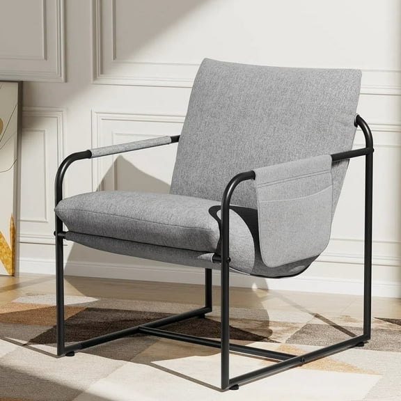 Hommpa Accent Chair Morden Arm Chair Metal Frame with Removable Storage Bag,Sling Accent Chair Linen Fabric for Living Room Bedrooms Home Theater, Modern Grey