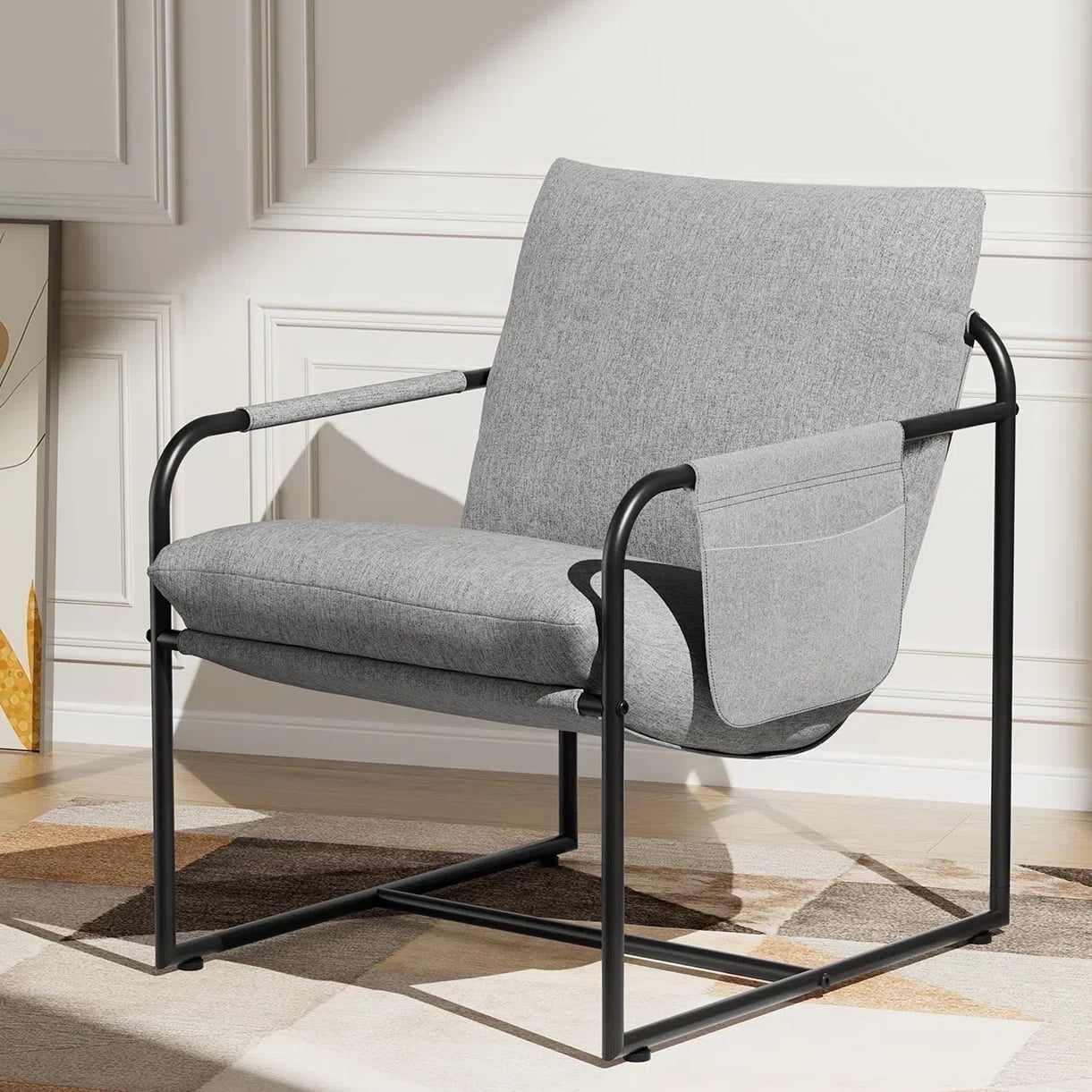 Hommpa Accent Chair Morden Arm Chair Metal Frame with Removable Storage Bag,Sling Accent Chair Linen Fabric for Living Room Bedrooms Home Theater, Modern Grey