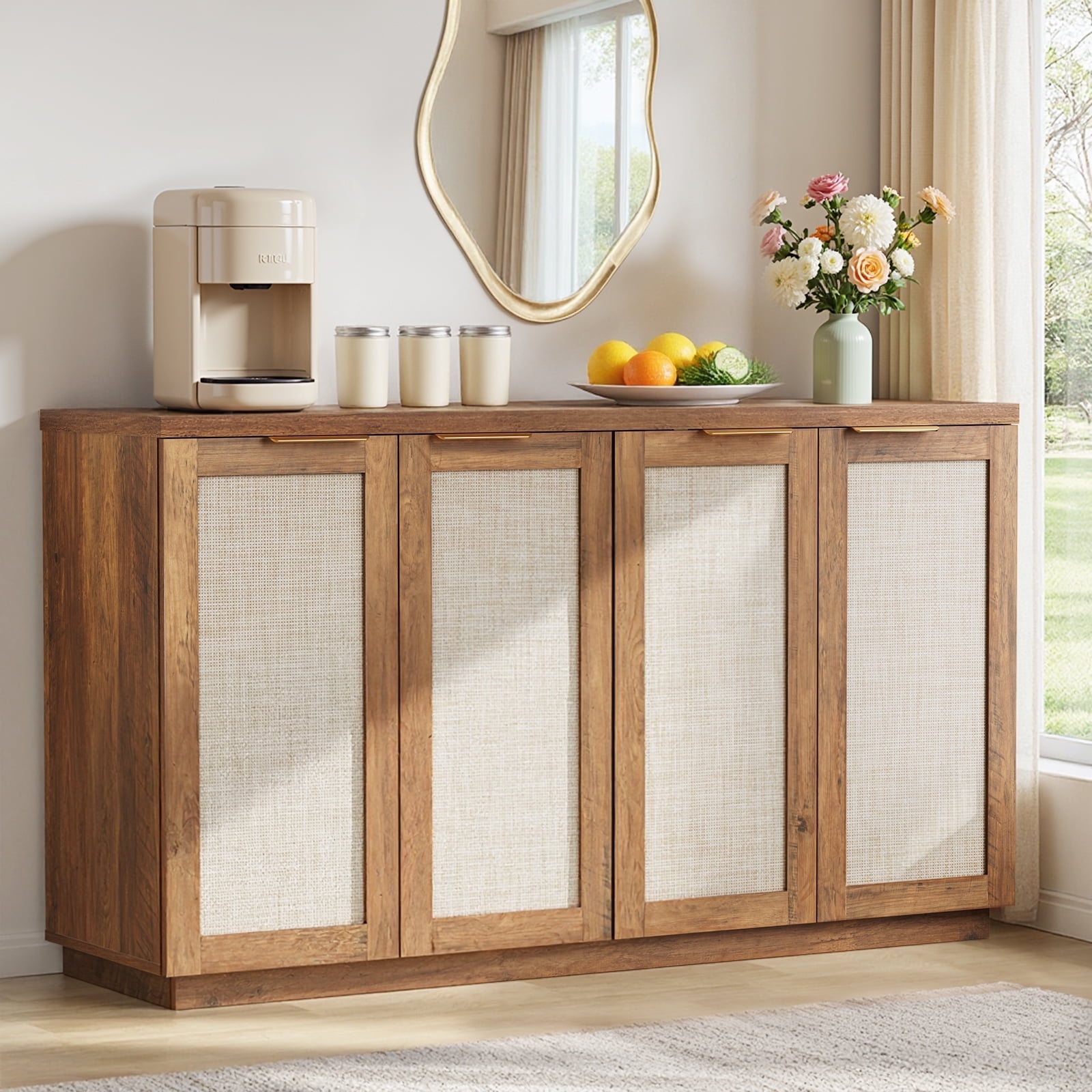 Hommpa Storage Sideboard Rattan Sideboard Buffet Cabinet with Adjustable Shelves 4-Doors Kitchen Storage Cabinet for Dining Room, Living Room,Bedroom, Hallway, Brown