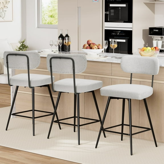 Hommpa Swivel Bar Stools Set of 3 Counter Height Barstools 26" Beige Linen Fabric Upholstered Kitchen Counter Stools with Backs, Metal Legs, Footrest and Wide Seat