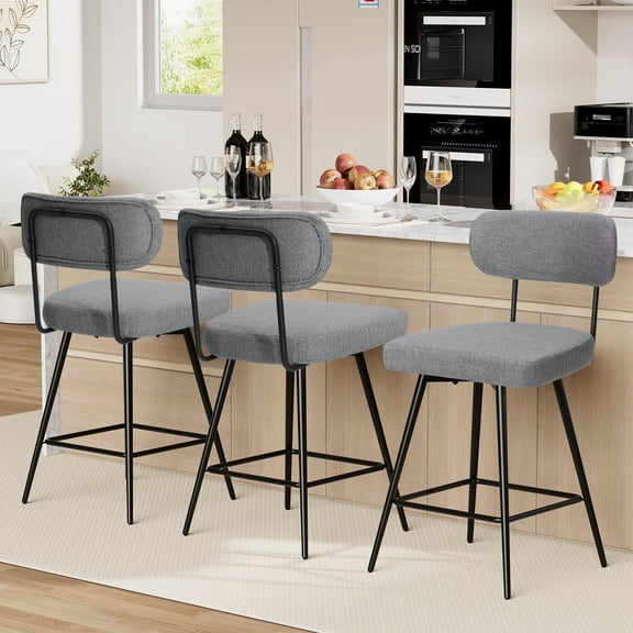 Hommpa Swivel Bar Stools Set of 3 Counter Height Barstools 26" Gray Linen Fabric Upholstered Kitchen Counter Stools with Backs, Metal Legs, Footrest and Wide Seat