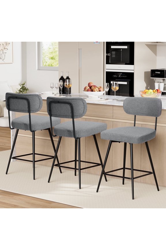 Swivel Bar Stools Set of 3 Counter Height Barstools 26" Gray Linen Fabric Upholstered Kitchen Counter Stools with Backs, Metal Legs, Footrest and Wide Seat