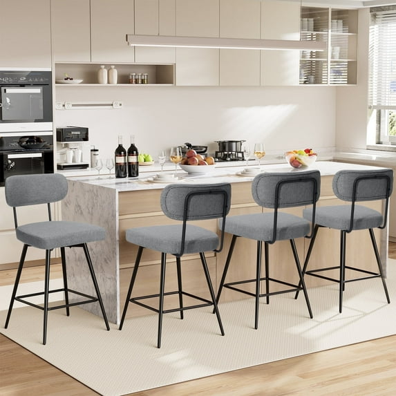 Hommpa Swivel Bar Stools Set of 4 Counter Height Barstools 26" Gray Linen Fabric Upholstered Kitchen Counter Stools with Backs, Metal Legs, Footrest and Wide Seat