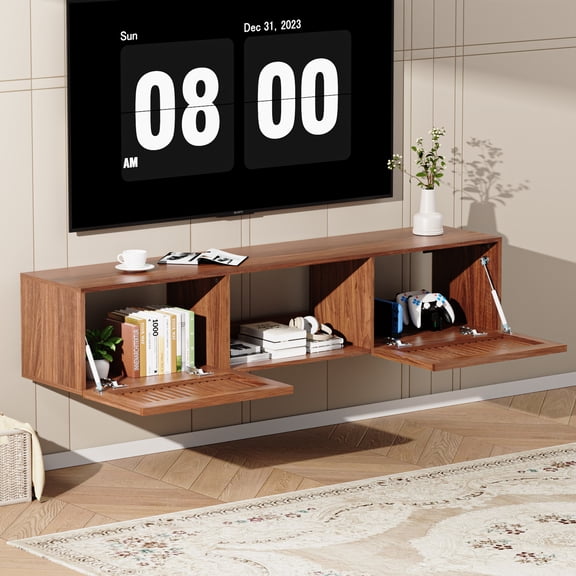 Hommpa Floating TV Stand for 65/75/80 inch TV, Mid Century Modern Wall Mounted TV Console with Storage Shelf & 2 Slatted Doors, Media Console Entertainment Center for Living Room, Bedroom,Walnut