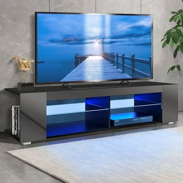 Hommpa TV Stand for TVs up to 65" with Open Glass Shelves Remote LED Light Black Media Console Cabinet Gaming Entertainment Center with Side Bookshelf