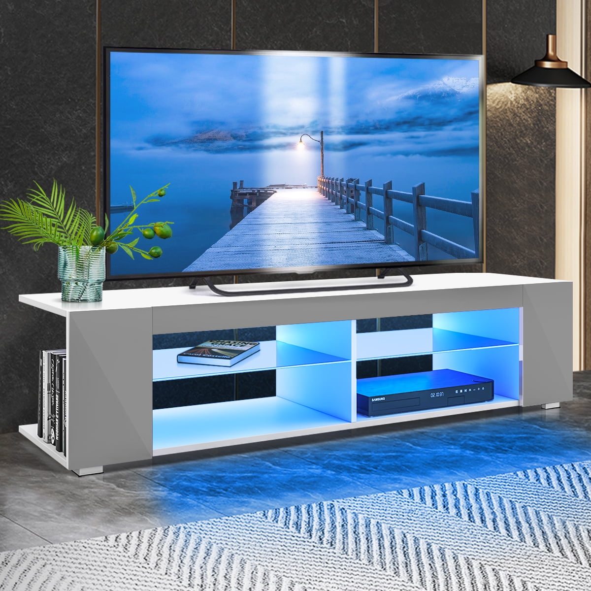 HOMMPA Soporte de TV LED para televisores de 65 pulgadas, centro de  entretenimiento LED moderno negro de 57 pulgadas con luces LED, consola de  TV