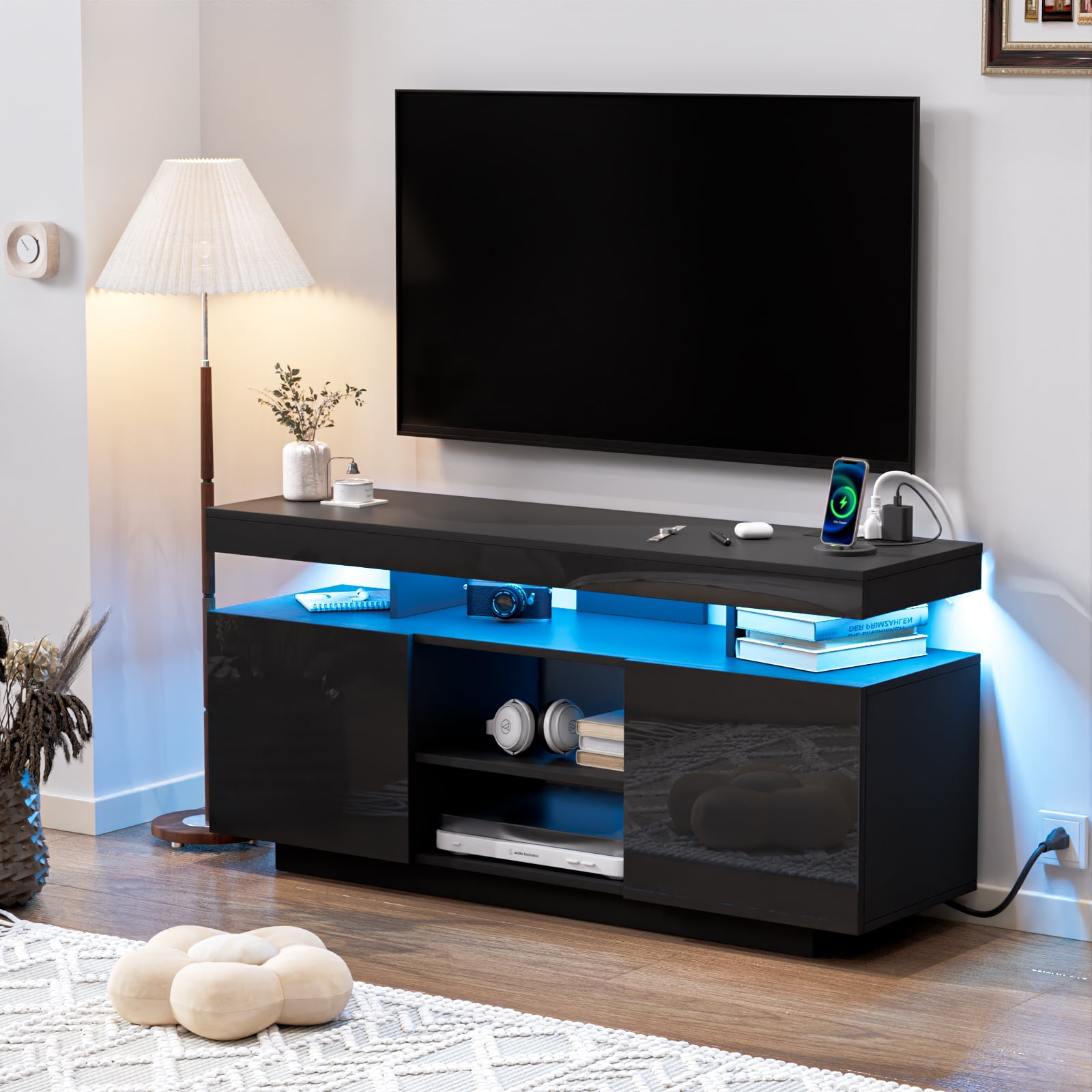 Hommpa TV Stand for TVs up to 55" with LED Lights & Power Outlets Modern Gaming Entertainment Center High Gloss Media Console TV Cabinet Black