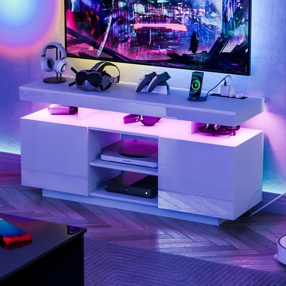 Hommpa TV Stand for TVs up to 55" with LED Lights & Power Outlets Modern Gaming Entertainment Center High Gloss Media Console TV Cabinet White