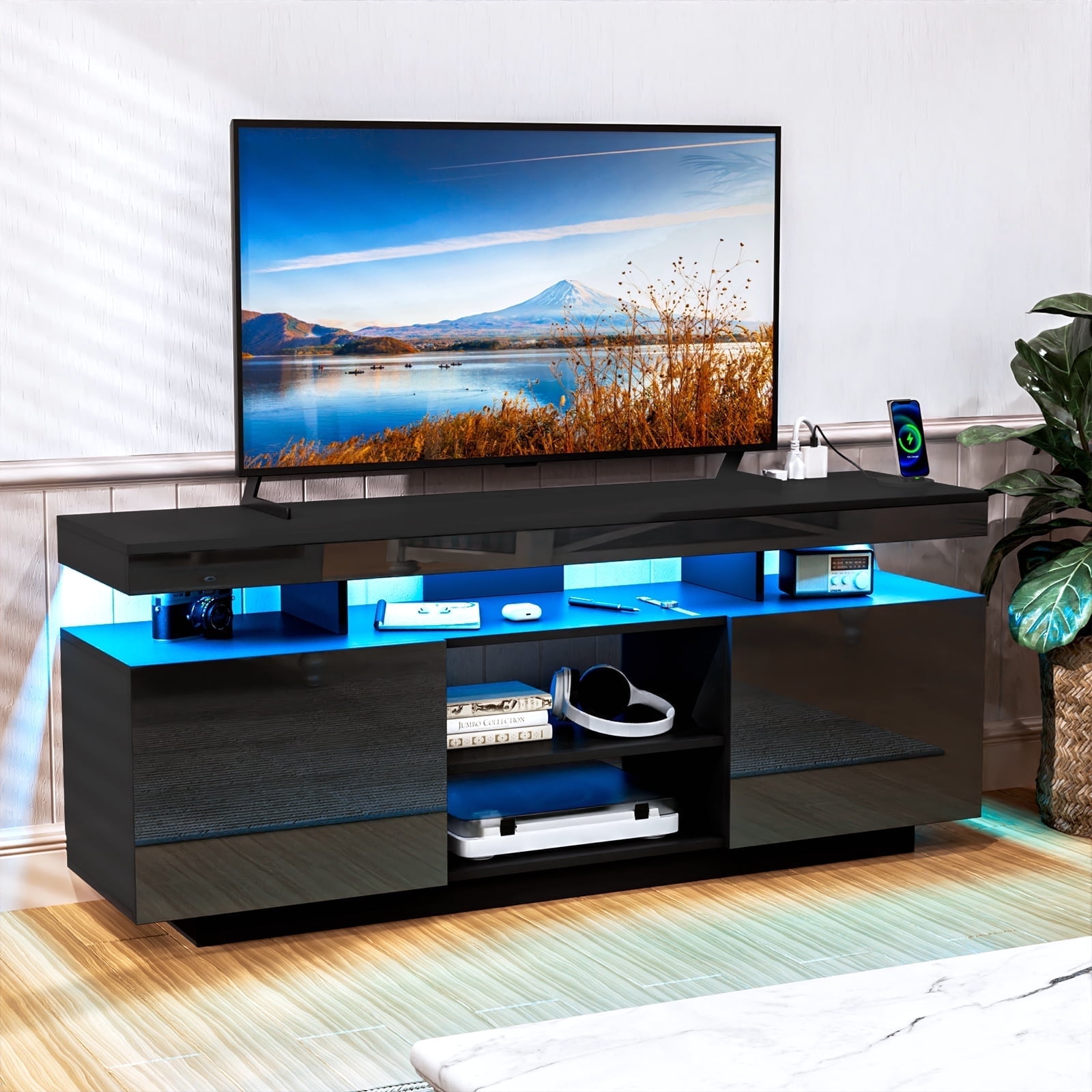 Hommpa TV Stand for TVs up to 65" with LED Lights & Power Outlets Modern Gaming Entertainment Center High Gloss Media Console TV Cabinet Black