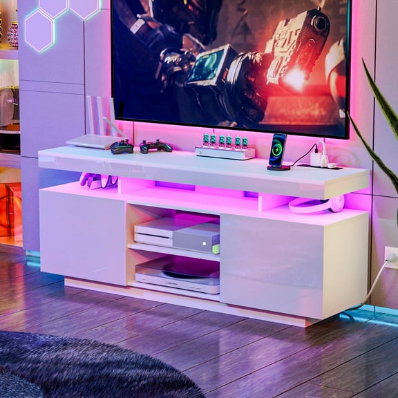 Hommpa TV Stand for TVs up to 65" with LED Lights & Power Outlets Modern Gaming Entertainment Center High Gloss Media Console TV Cabinet White