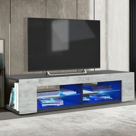 Hommpa TV Stand for TVs up to 65" with Open Glass Shelves Remote LED Light Gray Black Television Stands Media Console Cabinet Entertainment Center