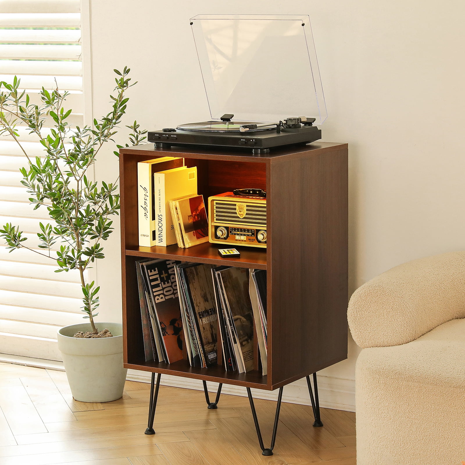 Millwood Pines Record Player Stand with LED Lights, Large Vinyl Record  Storage Cabinet with Power Outlet