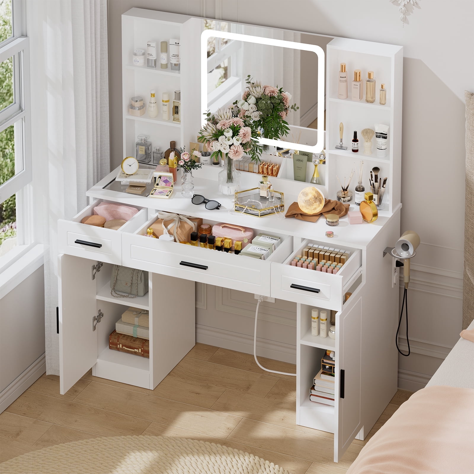 Hommpa Vanity Set with Mirror and Lights, White Vanity Glass Top Makeup  Vanity Desk with Charging Station 3 Drawers 2 Cabinets, Vanity Table for  Girls ...