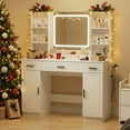 thumbnail image 1 of Hommpa Vanity with Mirror and Lights Vanity Table with 3 Drawers 2 Cabinet Glass Top Makeup Vanity Desk with Power Outlet for Girls Women, White, 1 of 9