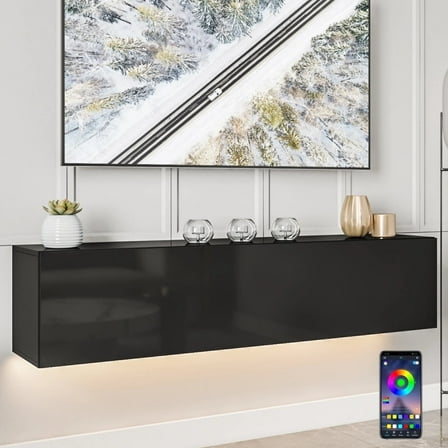 Hommpa Wall Mounted Floating TV Stand with LED Lights Modern Entertainment Center for TVs for up to 65" Media Console TV Unit with Storage Cabinets Black High Gloss for Living Room Bedroom