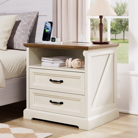 Hommpa Farmhouse 2 Drawers Nightstand with Charging Station, Rustic Wood Beside Tables with Drawers and Open Storage for Bedroom, Vintage End Tables for Living Room, Side Tables, White