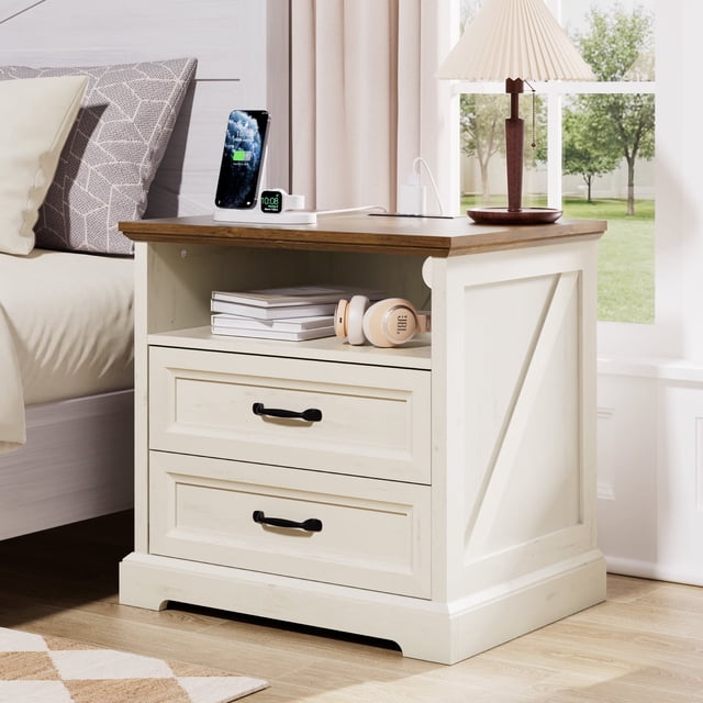 Hommpa Farmhouse 2 Drawers Nightstand with Charging Station, Rustic Wood Beside Tables with Drawers and Open Storage for Bedroom, Vintage End Tables for Living Room, Side Tables, White