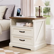 Hommpa Farmhouse 2 Drawers Nightstand with Charging Station, Rustic Wood Beside Tables with Drawers and Open Storage for Bedroom, Vintage End Tables for Living 