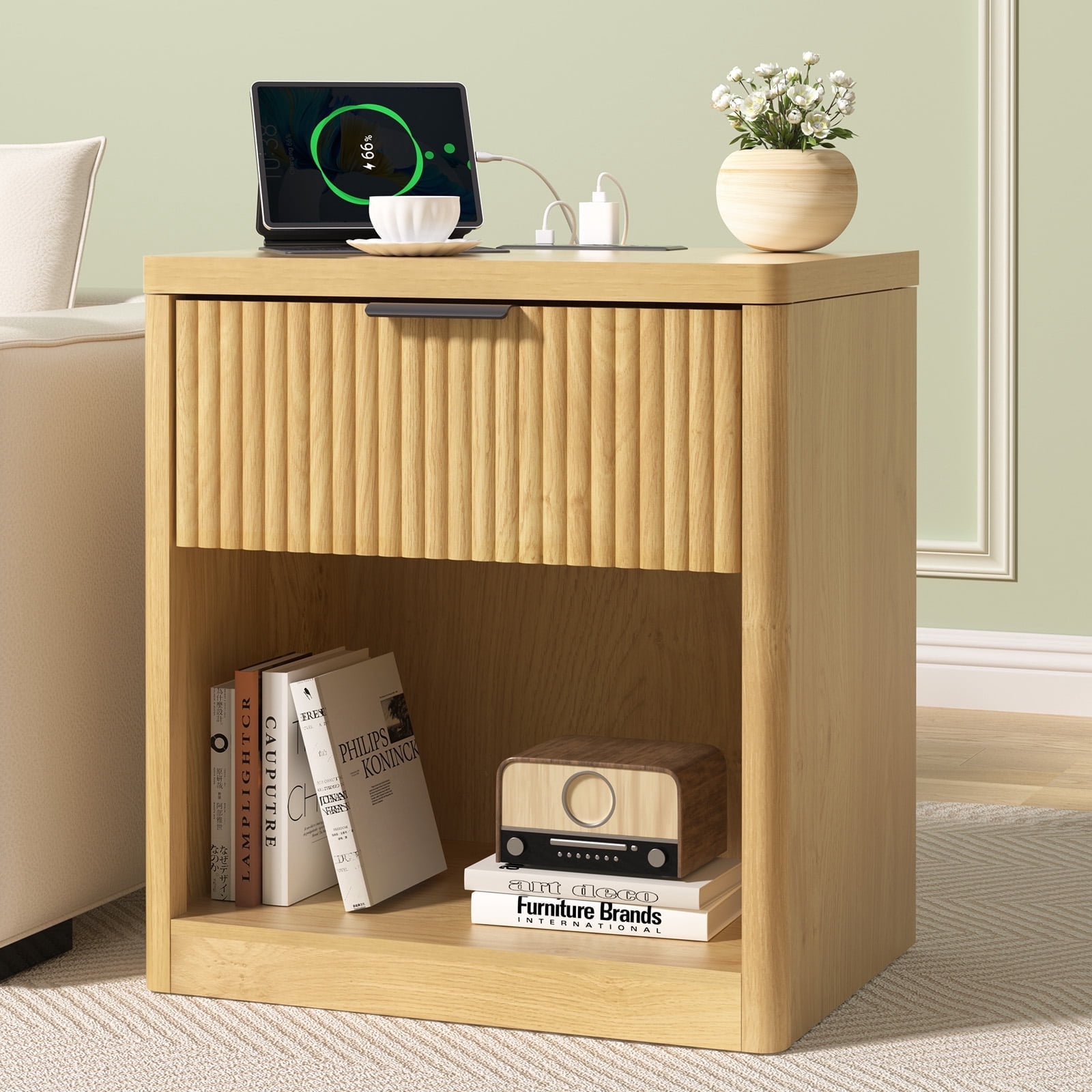Hommpa Nightstand, Fluted Bed Side Table with Charging Station, Modern End Side Table for Bedroom Furniture Living Room Sofa, Night Stand with Storage Drawers and Large Open Shelf