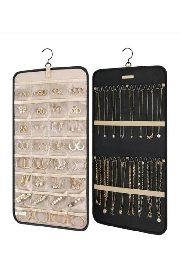 14X23 Inch Hanging Jewelry Organizer Storage Roll with Hanger, Wall Mounted Necklace Holder Display Case for Earrings Rings, Black
