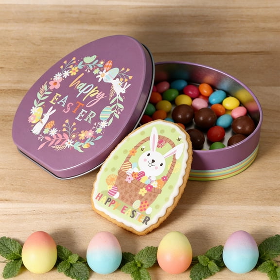 Homng Easter Cookie Tin Box, Egg Shaped Bunny Pattern Tinplate Candy Box, Easter Decorative Candy Container Portable Biscuit Storage Case Snack Holder Party Favors for Holiday Festivalh