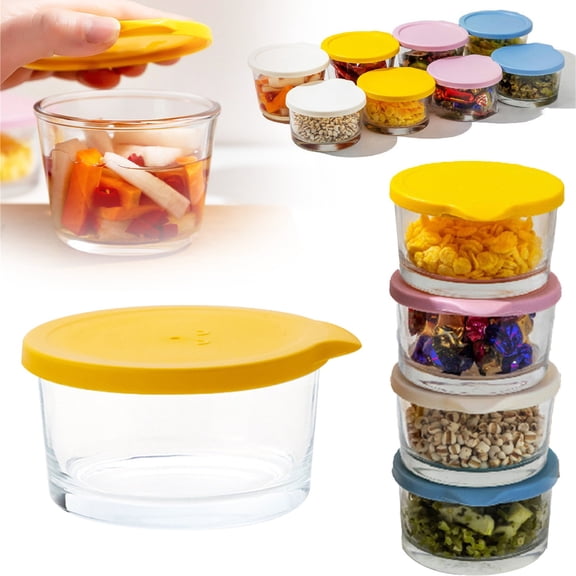 Homng Small Glass Bowls with Lids, Airtight Leak Proof Stackable Custard Cups, Clear Mise En Place Food Prep Bouillon Cups & Mixing Bowls for Sauces Dips, Candy Dessert, Yellow(10*5)