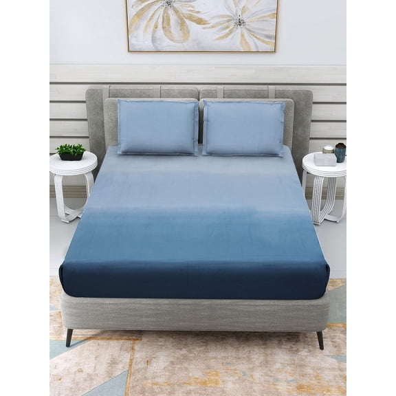 Homonation 100% Cotton Bedding Sheets & Pillowcases Set, 250 Thread Count Sateen Soft 4 Piece King Sheet Set with 14-Inch Deep Pockets - Shaded Blue