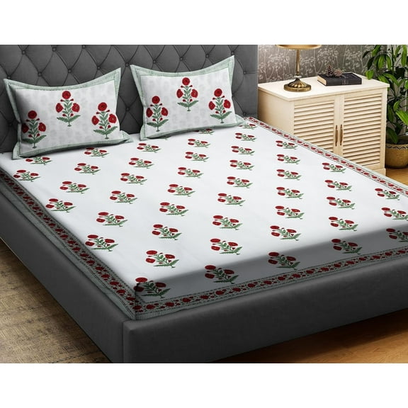 Homonation Traditional 3-Piece Hand Block Printed 400 TC Cotton King Bed Sheet Set