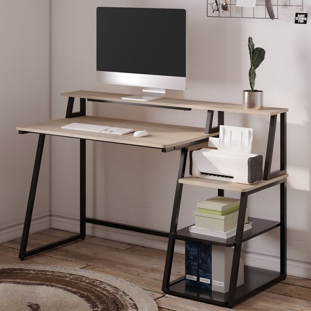 Homooi Computer Desk with Printer Shelf & Storage Shelves, 55 inch